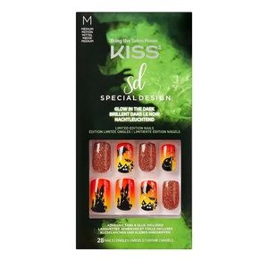 NUEVO Kiss Nails Halloween Glue Press Manicure Medium Orange Ombre Black Glitter